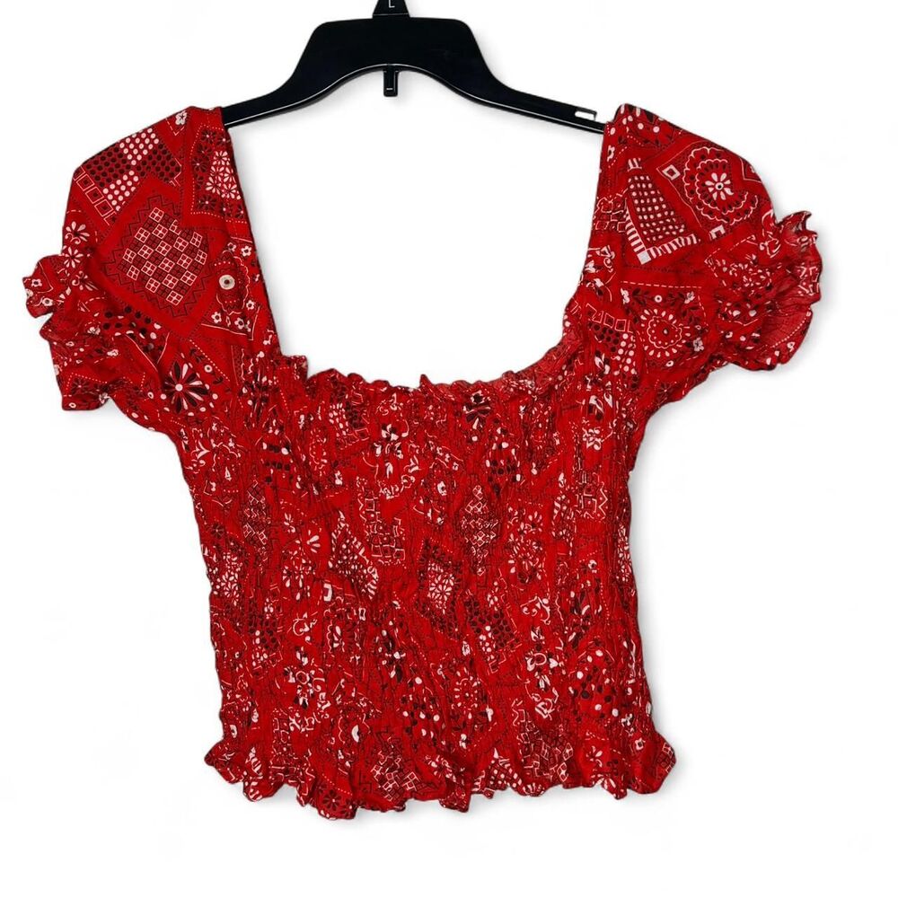 Vintage 70s 1970s Red Bandana Print Smocked Crop Top Puff Sleeve Peasant Blouse